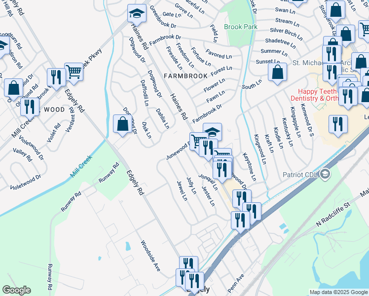 map of restaurants, bars, coffee shops, grocery stores, and more near 200 Junewood Drive in Levittown