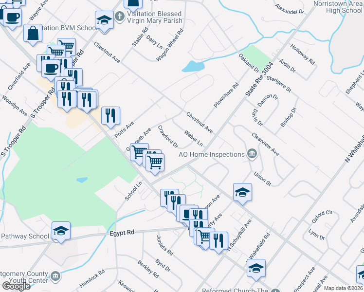 map of restaurants, bars, coffee shops, grocery stores, and more near 2119 Crawford Drive in Norristown