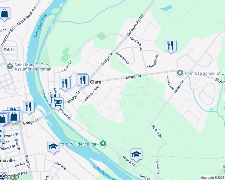 map of restaurants, bars, coffee shops, grocery stores, and more near 501 Meadowview Lane in Mont Clare