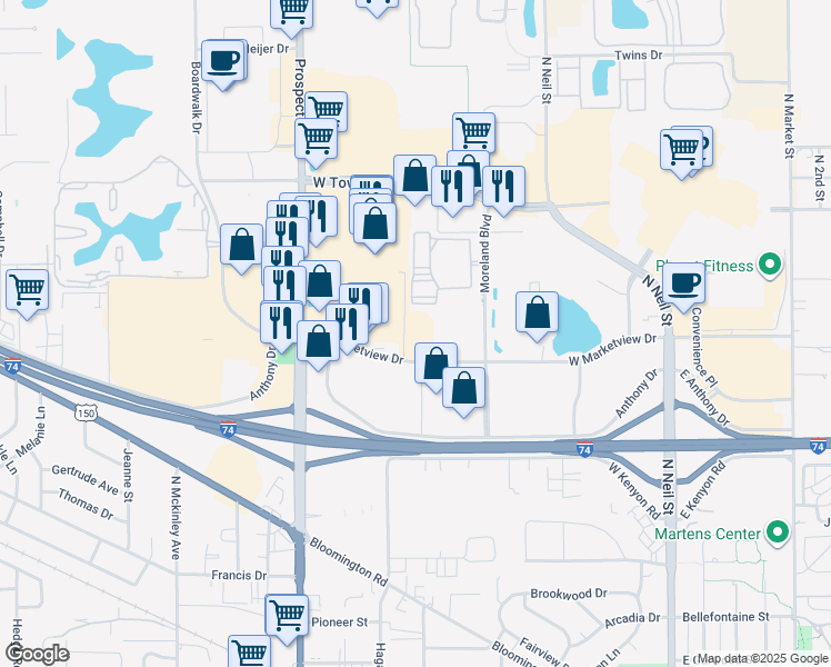 map of restaurants, bars, coffee shops, grocery stores, and more near 610 West Marketview Drive in Champaign