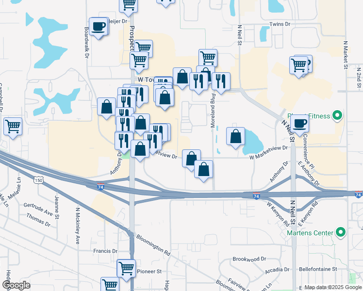 map of restaurants, bars, coffee shops, grocery stores, and more near 610 West Marketview Drive in Champaign