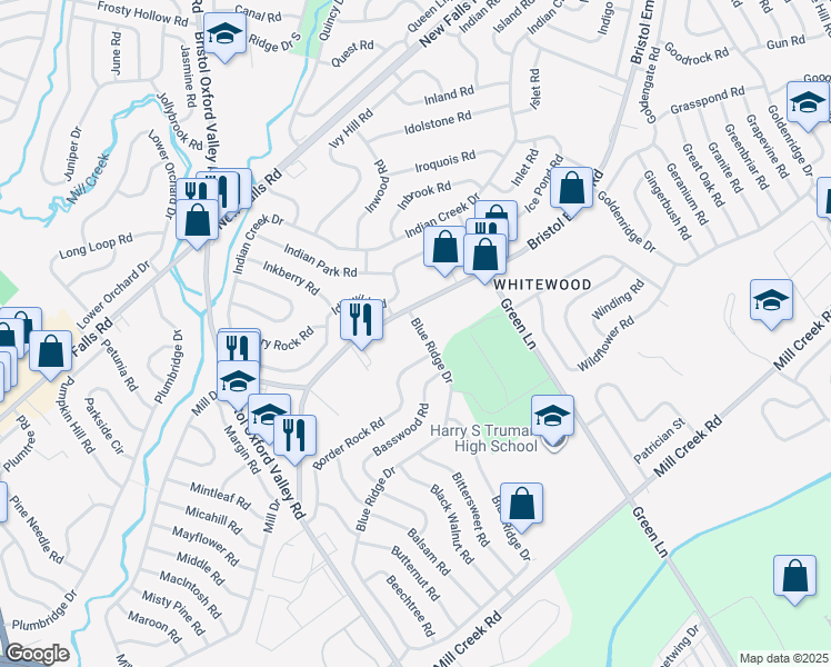 map of restaurants, bars, coffee shops, grocery stores, and more near 5 Blue Ridge Drive in Levittown