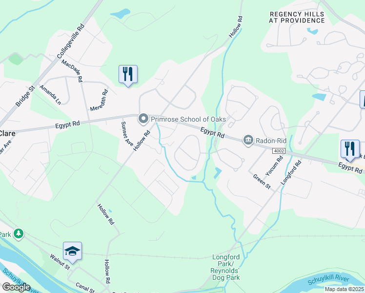map of restaurants, bars, coffee shops, grocery stores, and more near 500 Logan Road in Phoenixville