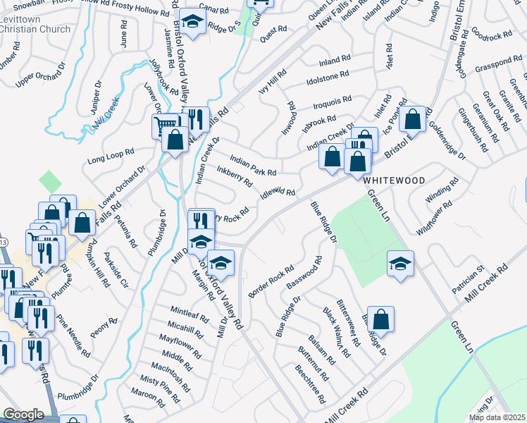map of restaurants, bars, coffee shops, grocery stores, and more near 66 Idlewild Road in Levittown