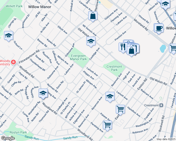 map of restaurants, bars, coffee shops, grocery stores, and more near 2652 Lamott Avenue in Willow Grove