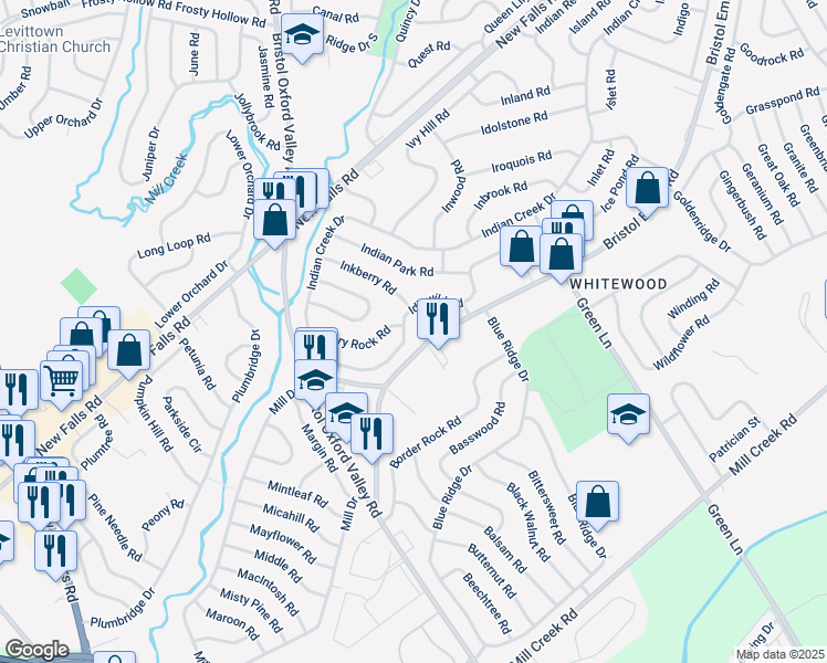 map of restaurants, bars, coffee shops, grocery stores, and more near 66 Idlewild Road in Levittown