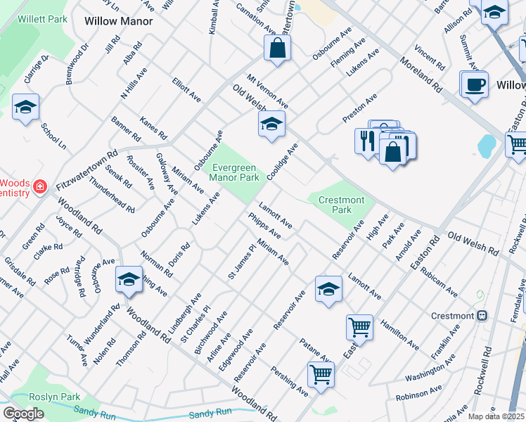 map of restaurants, bars, coffee shops, grocery stores, and more near 2652 Lamott Avenue in Willow Grove