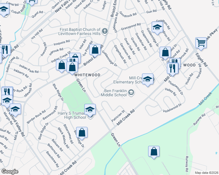map of restaurants, bars, coffee shops, grocery stores, and more near 85 Wildflower Road in Levittown