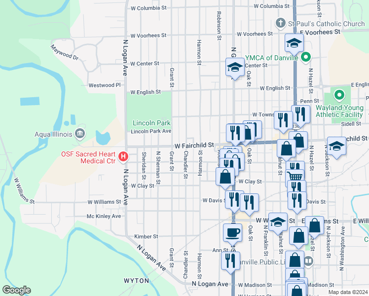 map of restaurants, bars, coffee shops, grocery stores, and more near 701 West Fairchild Street in Danville