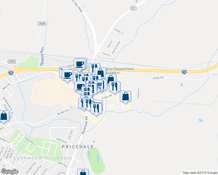 map of restaurants, bars, coffee shops, grocery stores, and more near 300 Tri County Lane in Belle Vernon