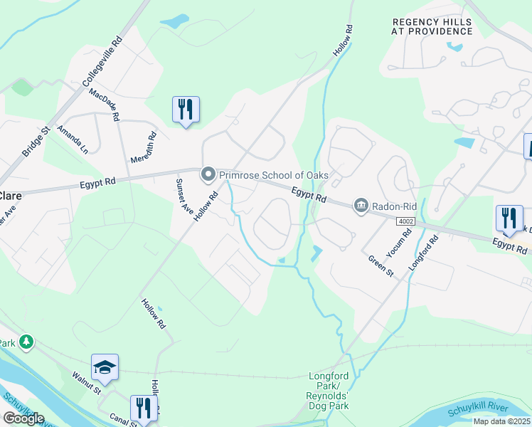 map of restaurants, bars, coffee shops, grocery stores, and more near 500 Logan Road in Phoenixville