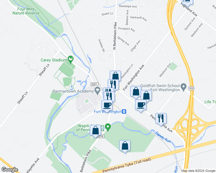 map of restaurants, bars, coffee shops, grocery stores, and more near 7231 Hollywood Road in Fort Washington