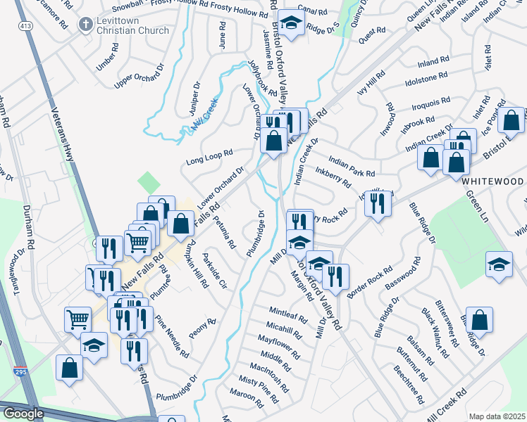 map of restaurants, bars, coffee shops, grocery stores, and more near 214 Plumbridge Drive in Levittown