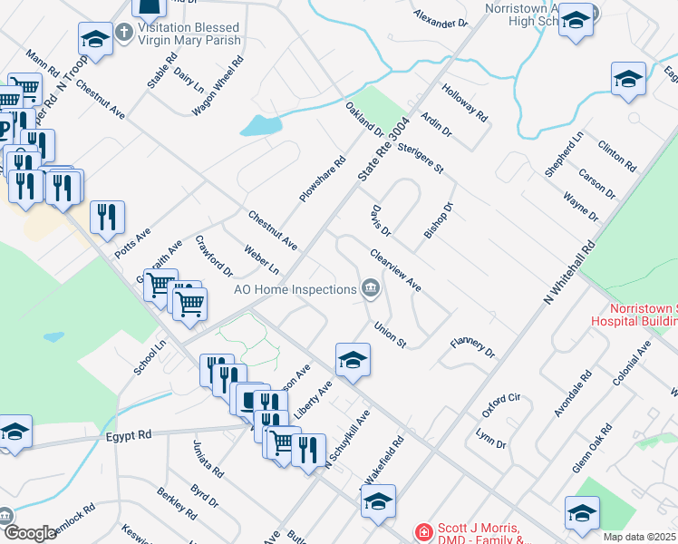 map of restaurants, bars, coffee shops, grocery stores, and more near 1111 East Chestnut Avenue in Norristown
