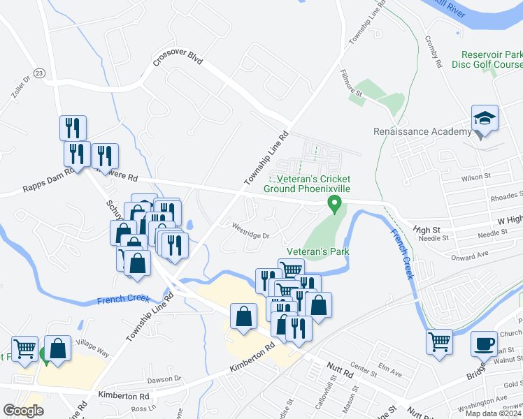 map of restaurants, bars, coffee shops, grocery stores, and more near 201 North Westridge Place in Phoenixville