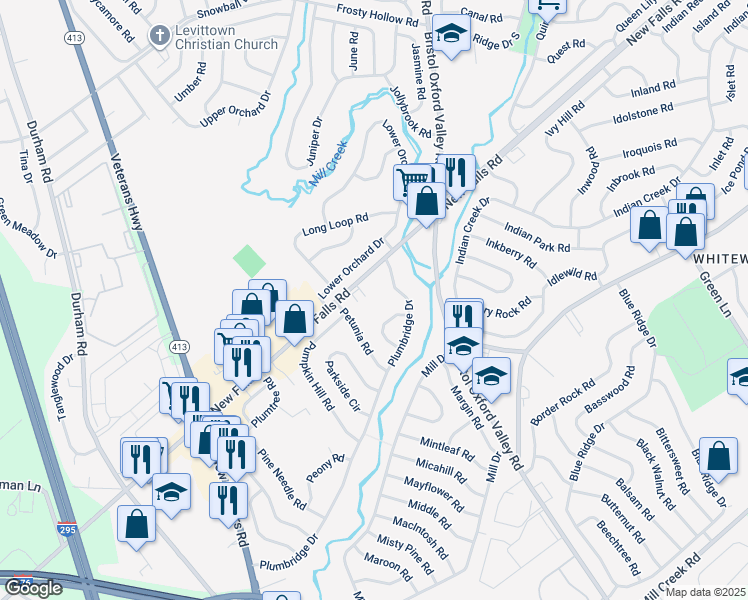 map of restaurants, bars, coffee shops, grocery stores, and more near 5006 New Falls Road in Levittown