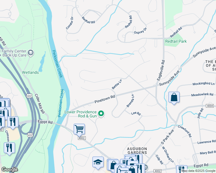 map of restaurants, bars, coffee shops, grocery stores, and more near 15 Pinetree Drive in Audubon