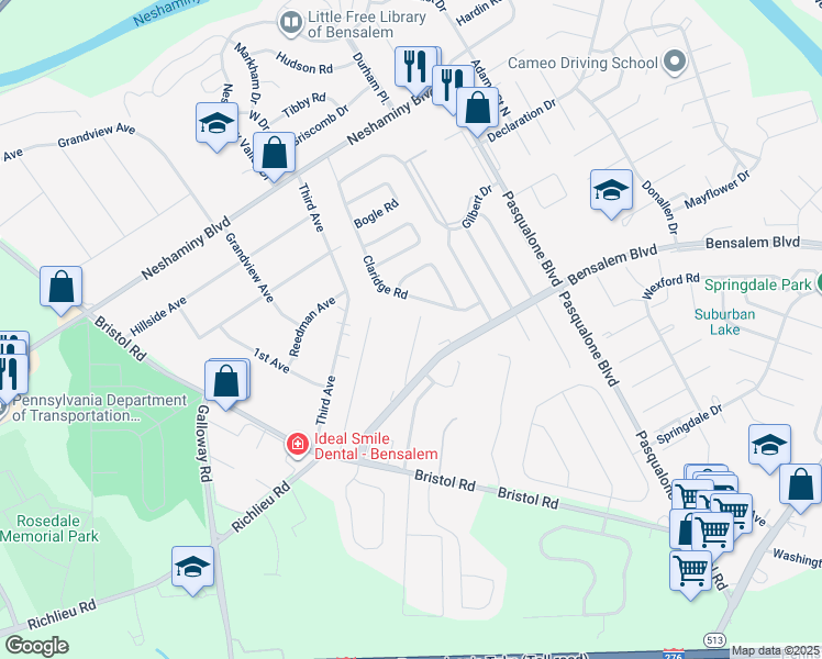map of restaurants, bars, coffee shops, grocery stores, and more near 4945 Oxford Court in Bucks County