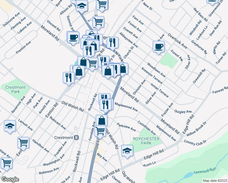map of restaurants, bars, coffee shops, grocery stores, and more near 2120 Stratford Avenue in Abington