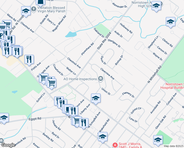 map of restaurants, bars, coffee shops, grocery stores, and more near 1111 East Chestnut Avenue in Norristown