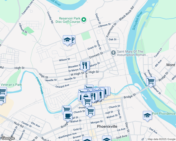 map of restaurants, bars, coffee shops, grocery stores, and more near 211 Franklin Avenue in Phoenixville