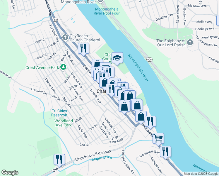map of restaurants, bars, coffee shops, grocery stores, and more near in Charleroi