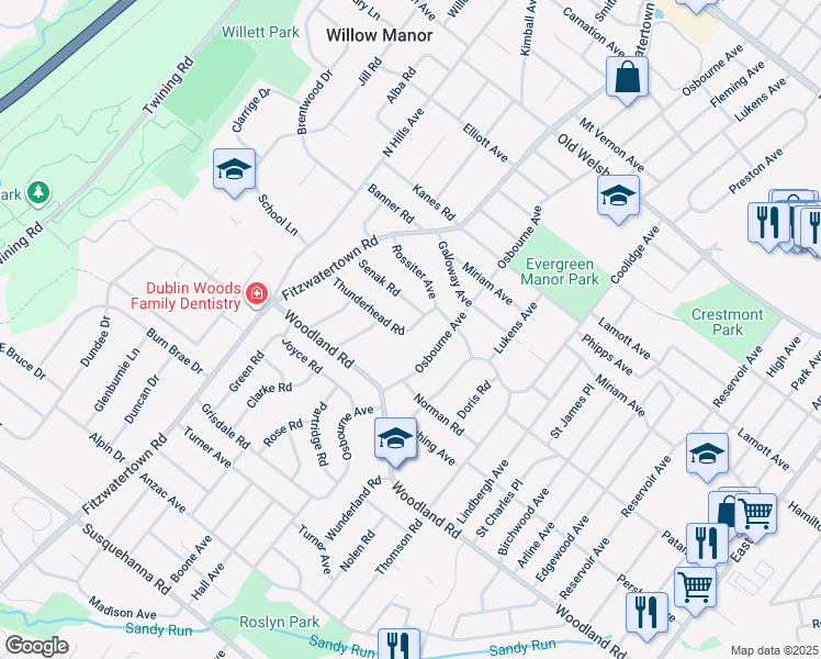 map of restaurants, bars, coffee shops, grocery stores, and more near 1461 Bluejay Road in Abington