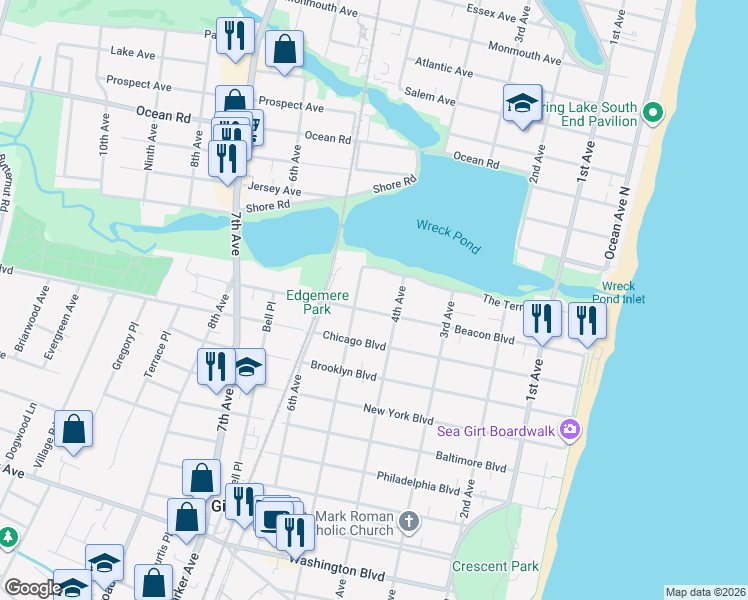 map of restaurants, bars, coffee shops, grocery stores, and more near 5 4th Avenue in Sea Girt