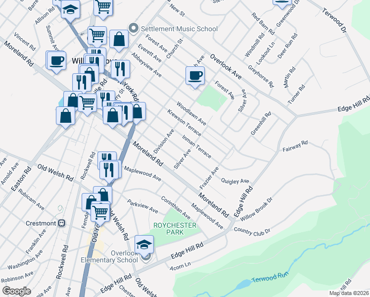 map of restaurants, bars, coffee shops, grocery stores, and more near 315 Quigley Avenue in Willow Grove