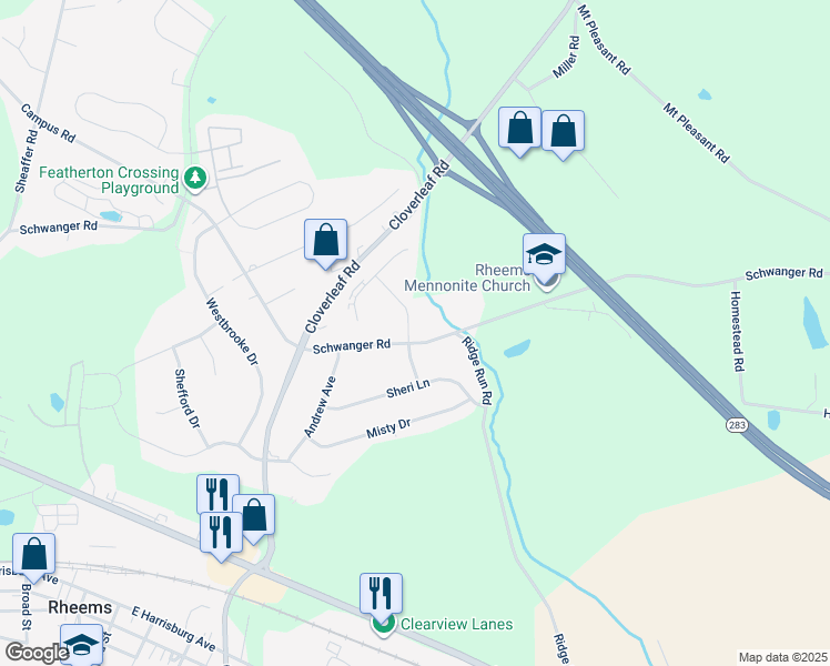 map of restaurants, bars, coffee shops, grocery stores, and more near 1245 Schwanger Road in Mount Joy