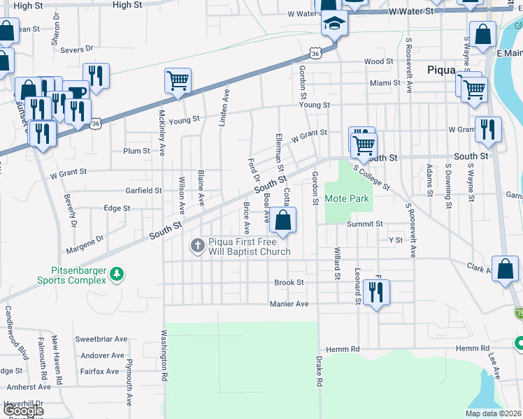 map of restaurants, bars, coffee shops, grocery stores, and more near 520 Boal Avenue in Piqua