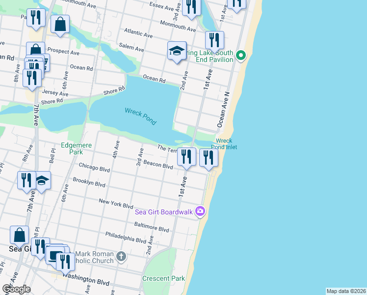 map of restaurants, bars, coffee shops, grocery stores, and more near 105 The Terrace in Sea Girt