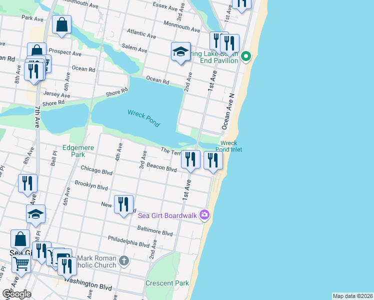 map of restaurants, bars, coffee shops, grocery stores, and more near 105 The Terrace in Sea Girt