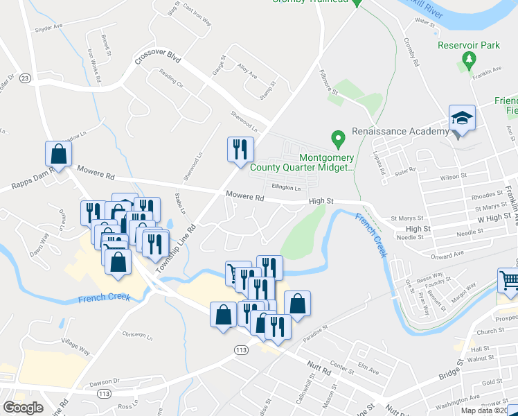 map of restaurants, bars, coffee shops, grocery stores, and more near 607 Westridge Court in Phoenixville