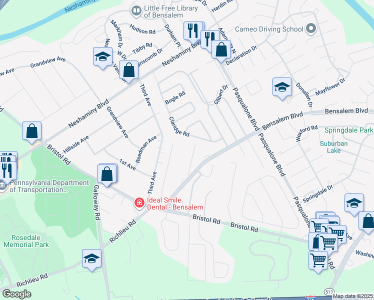 map of restaurants, bars, coffee shops, grocery stores, and more near 4948 Oxford Court in Bucks County