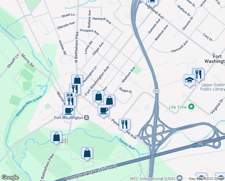 map of restaurants, bars, coffee shops, grocery stores, and more near 204 Madison Avenue in Fort Washington