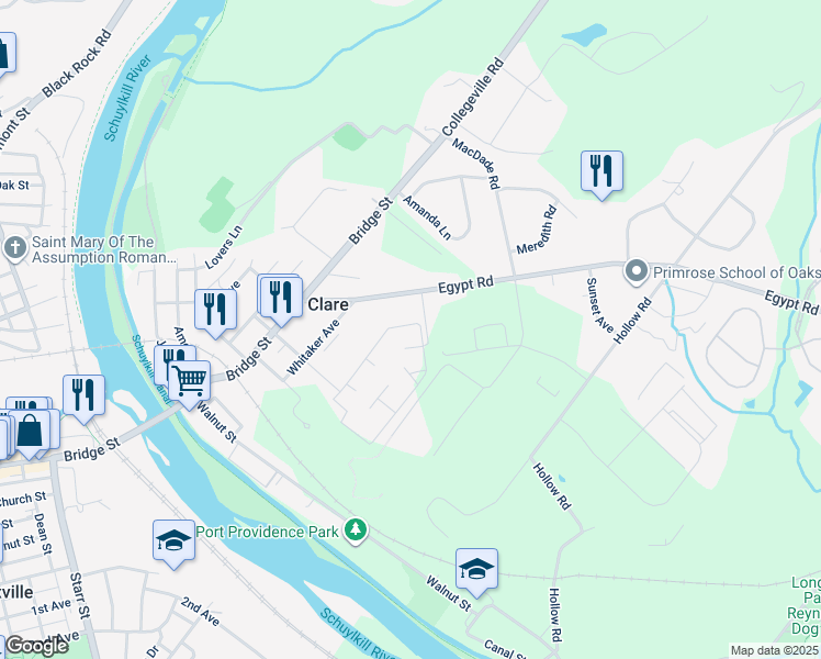 map of restaurants, bars, coffee shops, grocery stores, and more near 116 Meadowview Lane in Mont Clare