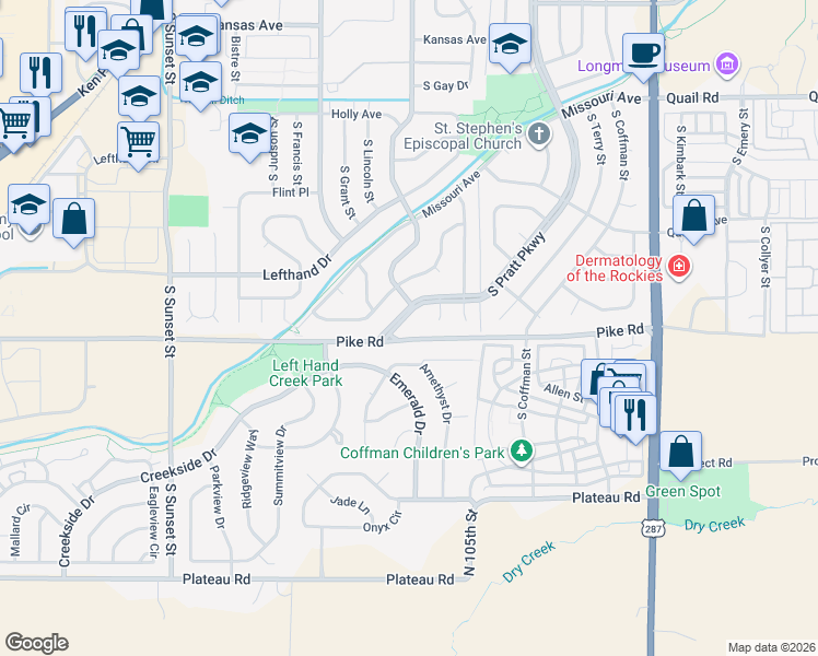 map of restaurants, bars, coffee shops, grocery stores, and more near 1812 South Pratt Parkway in Longmont