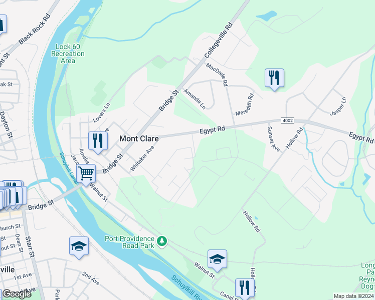 map of restaurants, bars, coffee shops, grocery stores, and more near 116 Meadowview Lane in Mont Clare