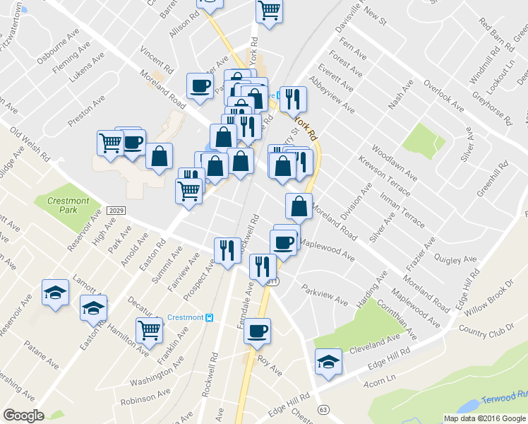 map of restaurants, bars, coffee shops, grocery stores, and more near 2147 Maplewood Avenue in Abington