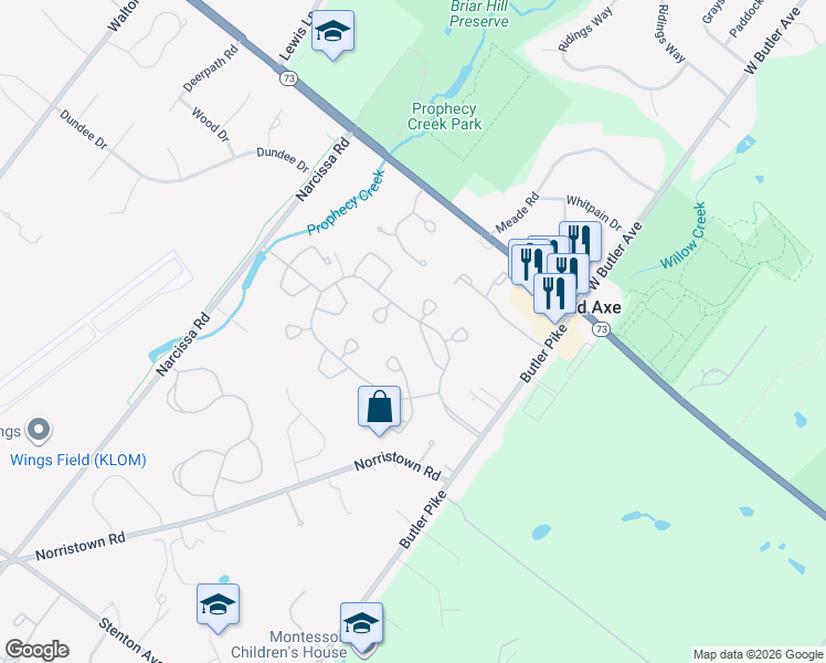 map of restaurants, bars, coffee shops, grocery stores, and more near 8 Horsetrail Lane in Blue Bell