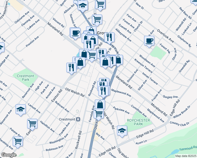 map of restaurants, bars, coffee shops, grocery stores, and more near 2147 Maplewood Avenue in Abington
