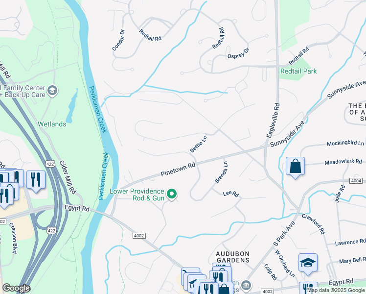 map of restaurants, bars, coffee shops, grocery stores, and more near 15 Pinetree Drive in Audubon