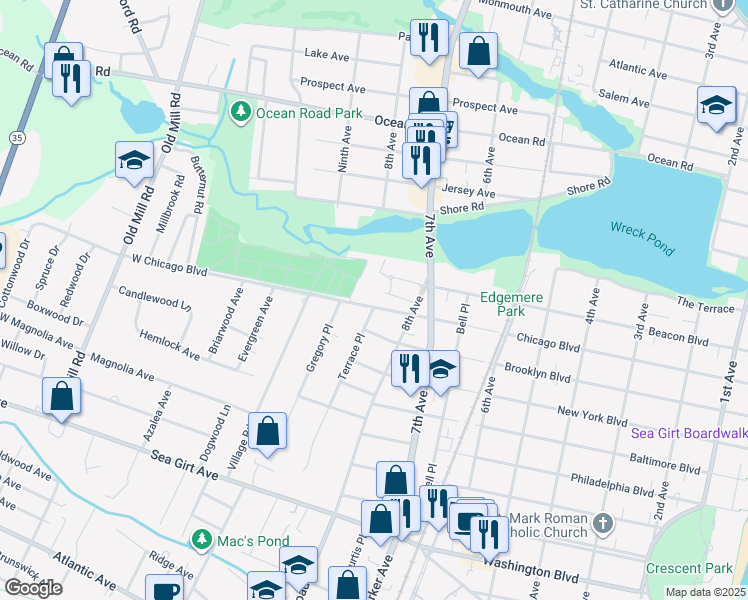 map of restaurants, bars, coffee shops, grocery stores, and more near 1000 West Chicago Boulevard in Sea Girt