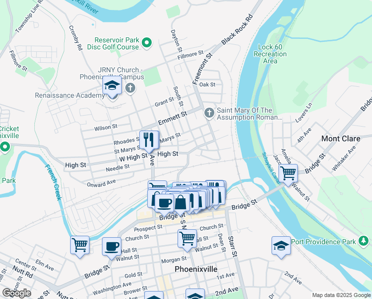 map of restaurants, bars, coffee shops, grocery stores, and more near 225 High Street in Phoenixville