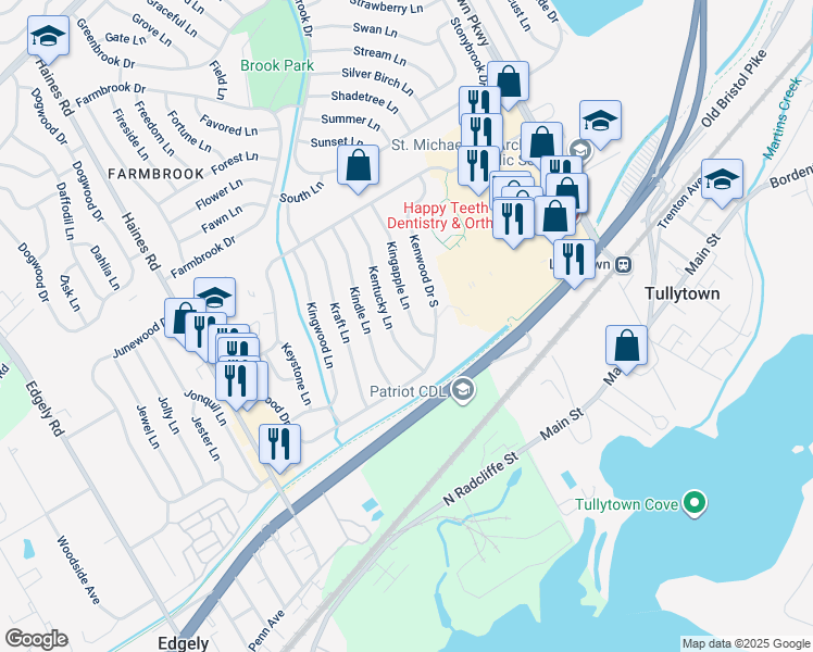 map of restaurants, bars, coffee shops, grocery stores, and more near 15 Kingapple Lane in Levittown