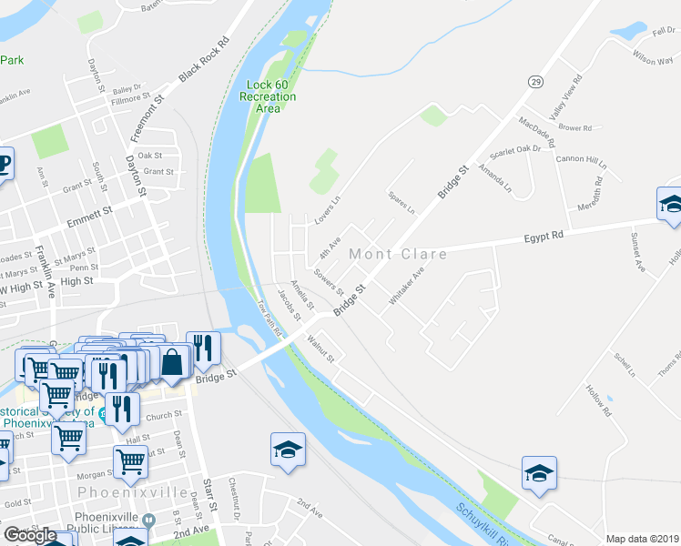 map of restaurants, bars, coffee shops, grocery stores, and more near 114 2nd Avenue in Mont Clare