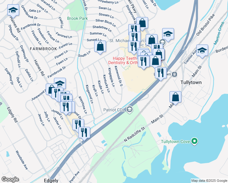 map of restaurants, bars, coffee shops, grocery stores, and more near 15 Kingapple Lane in Levittown