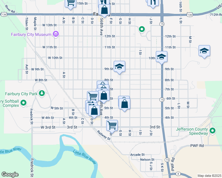 map of restaurants, bars, coffee shops, grocery stores, and more near 601 7th Street in Fairbury