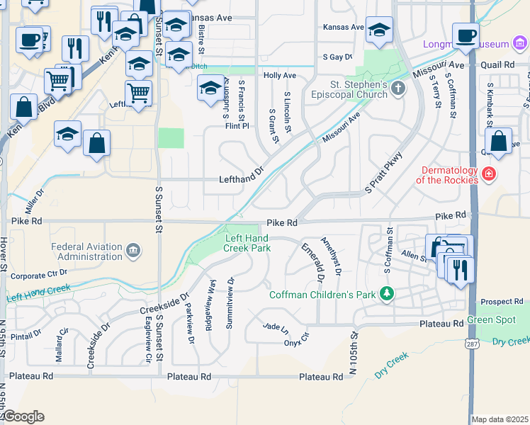 map of restaurants, bars, coffee shops, grocery stores, and more near 1439 Brookfield Drive in Longmont